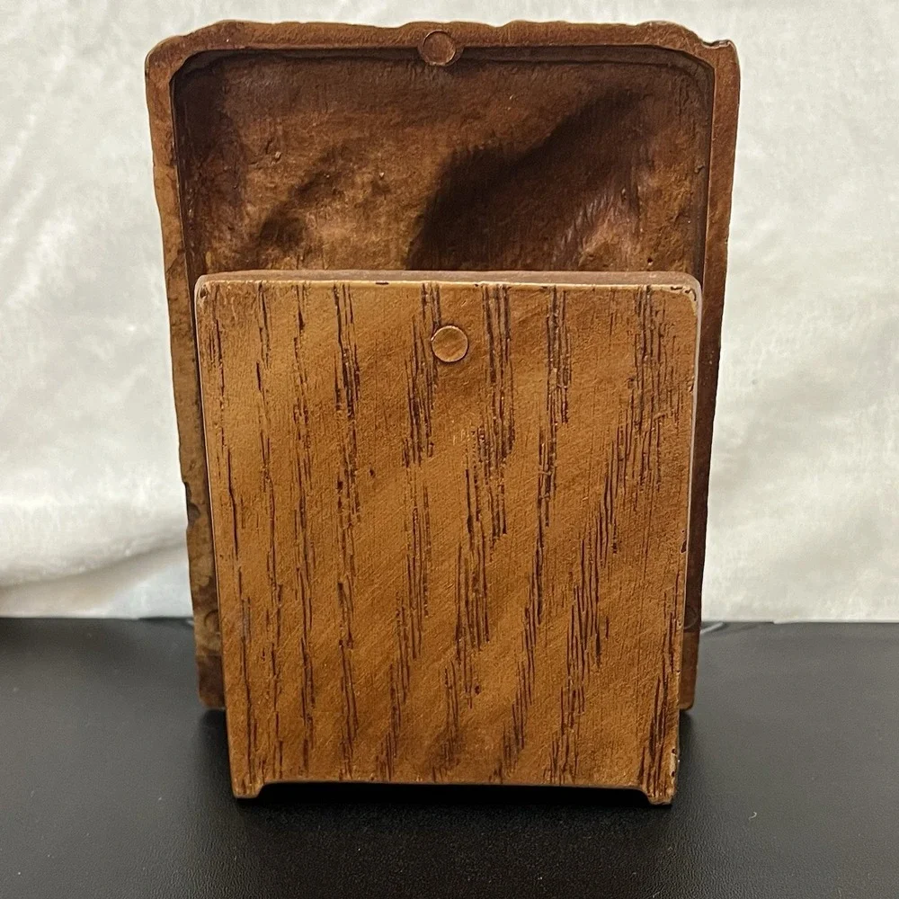 Vintage MCM Napkin Holder Mail Caddy Praying Hands FAMILY Made in USA Faux Wood